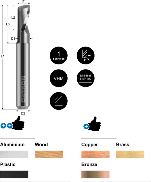 1-skärig fräs som är balanserad med stort spånspår för snabb matning. Passar för Aluminium, Plast, Trä, Koppar, Mässing och Brons.